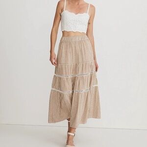 Madewell Linen Blend Eyelet Trim Gingham Tiered Maxi Skirt Tan